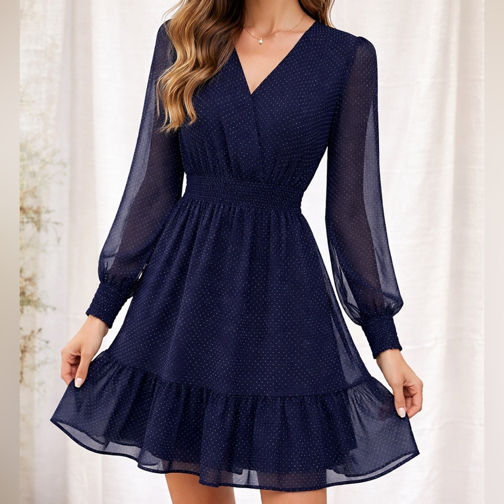 Banana Republic Long-Sleeve Navy Polka Dot Wrap Dress
